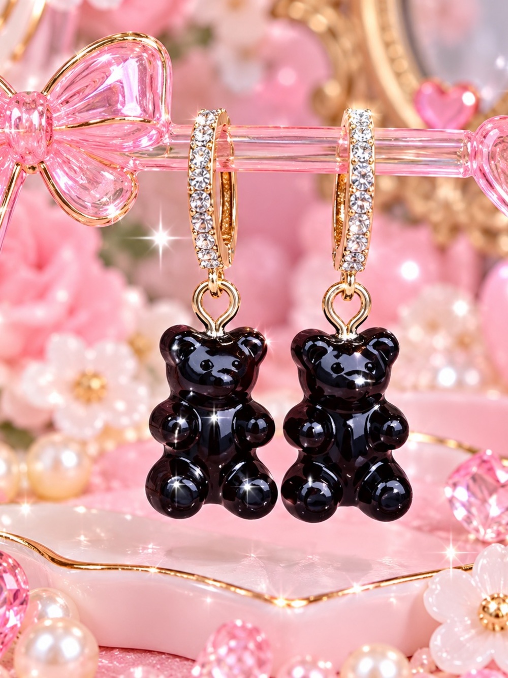 Black Gummy Bear Rhinestone Huggie Drop Earrings
